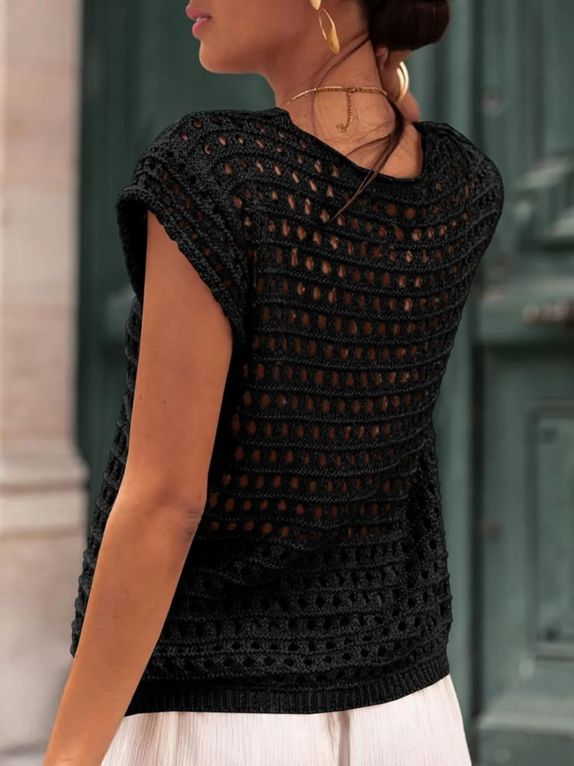 Saodimallsu Womens Tie Crochet Shrug Short Sleeve Open Front Lightweight Knit Cropped Cardigan Sweaters Cover Up