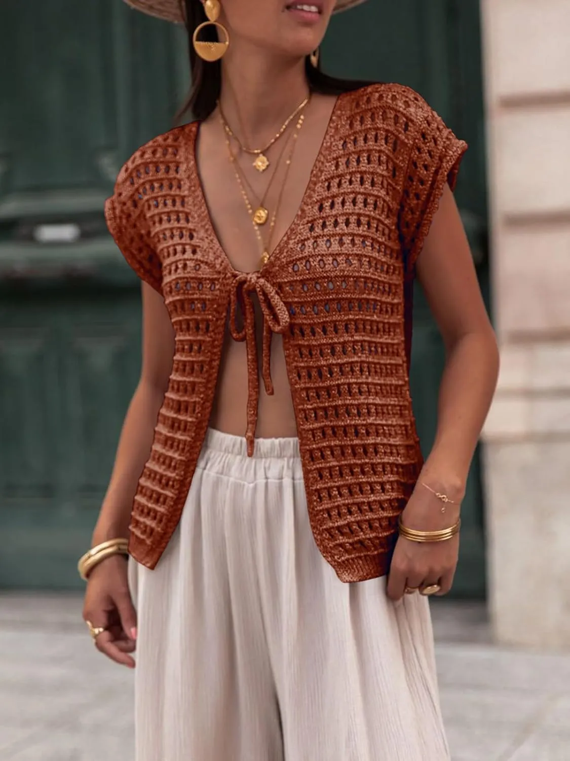 Saodimallsu Womens Tie Crochet Shrug Short Sleeve Open Front Lightweight Knit Cropped Cardigan Sweaters Cover Up