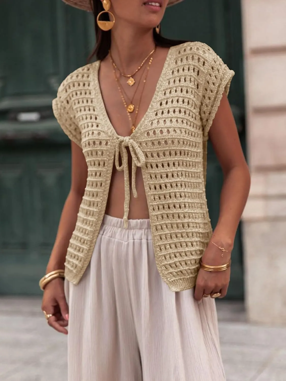 Saodimallsu Womens Tie Crochet Shrug Short Sleeve Open Front Lightweight Knit Cropped Cardigan Sweaters Cover Up