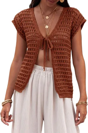 Saodimallsu Womens Tie Crochet Shrug Short Sleeve Open Front Lightweight Knit Cropped Cardigan Sweaters Cover Up
