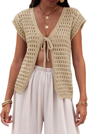 Saodimallsu Womens Tie Crochet Shrug Short Sleeve Open Front Lightweight Knit Cropped Cardigan Sweaters Cover Up