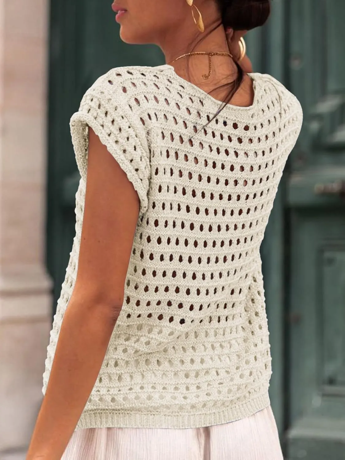 Saodimallsu Womens Tie Crochet Shrug Short Sleeve Open Front Lightweight Knit Cropped Cardigan Sweaters Cover Up