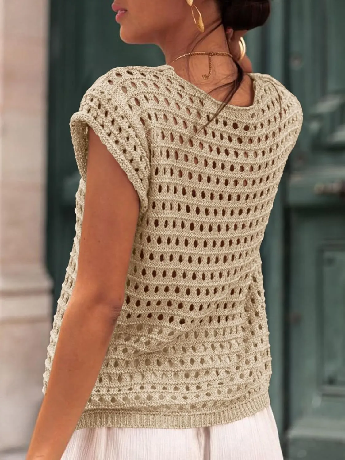 Saodimallsu Womens Tie Crochet Shrug Short Sleeve Open Front Lightweight Knit Cropped Cardigan Sweaters Cover Up
