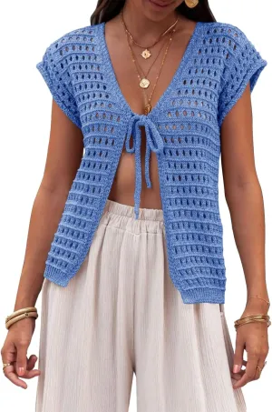 Saodimallsu Womens Tie Crochet Shrug Short Sleeve Open Front Lightweight Knit Cropped Cardigan Sweaters Cover Up
