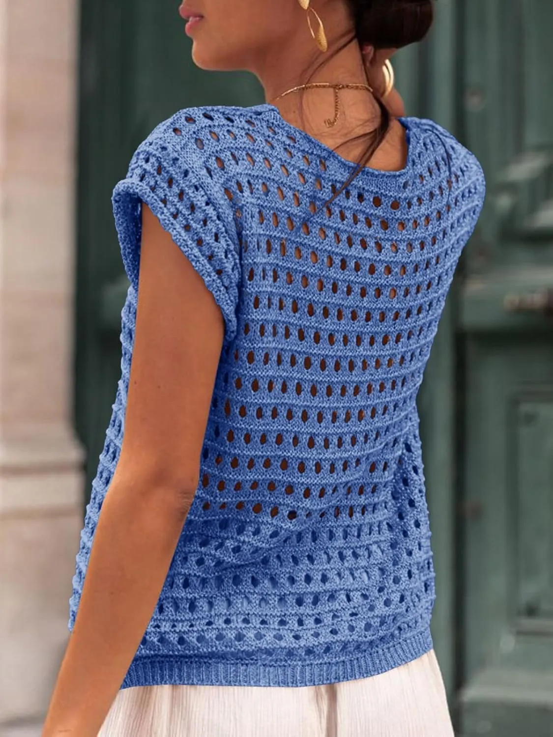 Saodimallsu Womens Tie Crochet Shrug Short Sleeve Open Front Lightweight Knit Cropped Cardigan Sweaters Cover Up