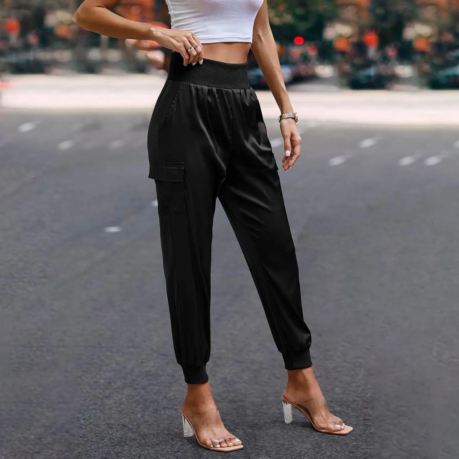 Satin Joggers for Women Dressy Casual Elastic High Waist Ankle Length Tapered Cargo Pants Workout Yoga Lounge Trousers