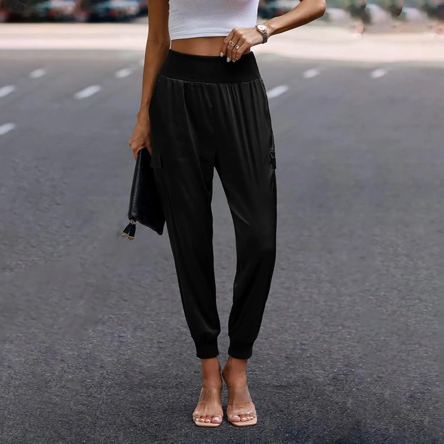Satin Joggers for Women Dressy Casual Elastic High Waist Ankle Length Tapered Cargo Pants Workout Yoga Lounge Trousers