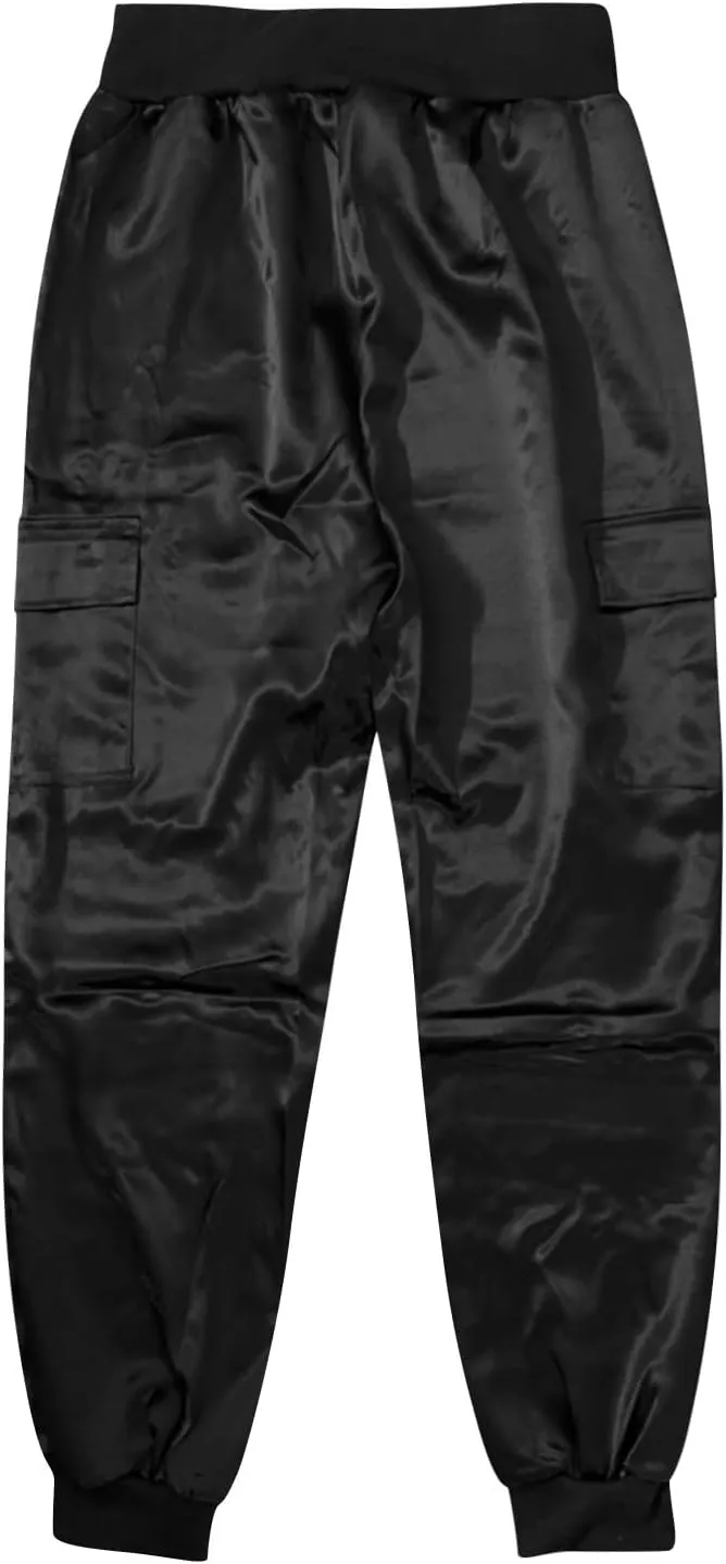 Satin Joggers for Women Dressy Casual Elastic High Waist Ankle Length Tapered Cargo Pants Workout Yoga Lounge Trousers