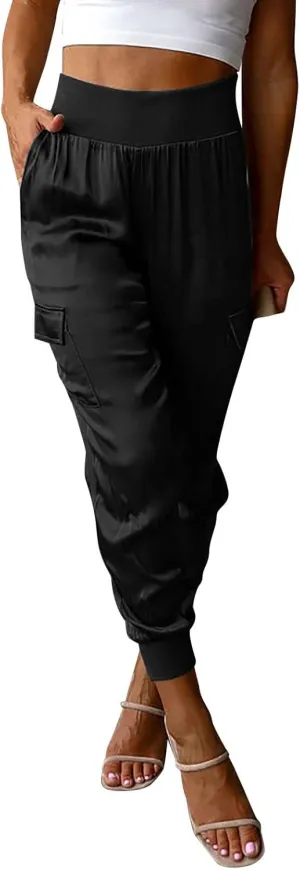 Satin Joggers for Women Dressy Casual Elastic High Waist Ankle Length Tapered Cargo Pants Workout Yoga Lounge Trousers