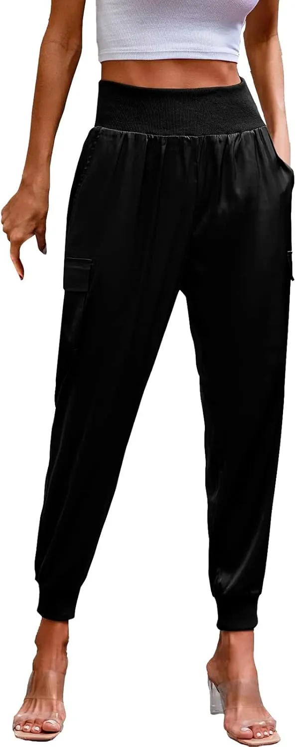 Satin Joggers for Women Dressy Casual Elastic High Waist Ankle Length Tapered Cargo Pants Workout Yoga Lounge Trousers
