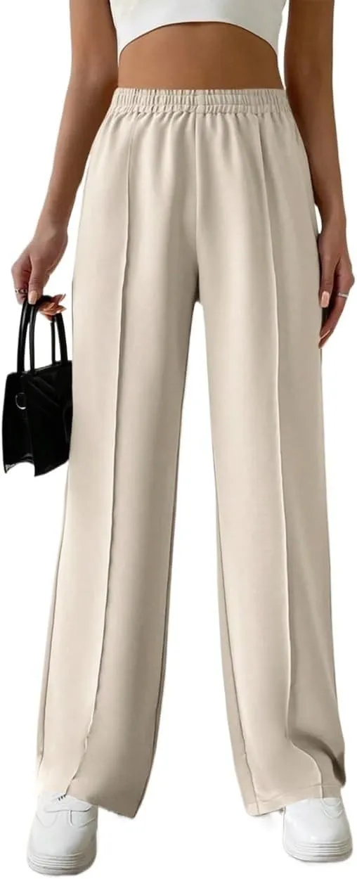 SECOLI Women's Straight Wide Leg Trousers Pants Apricot Casual Solid Elastic Waist Pants