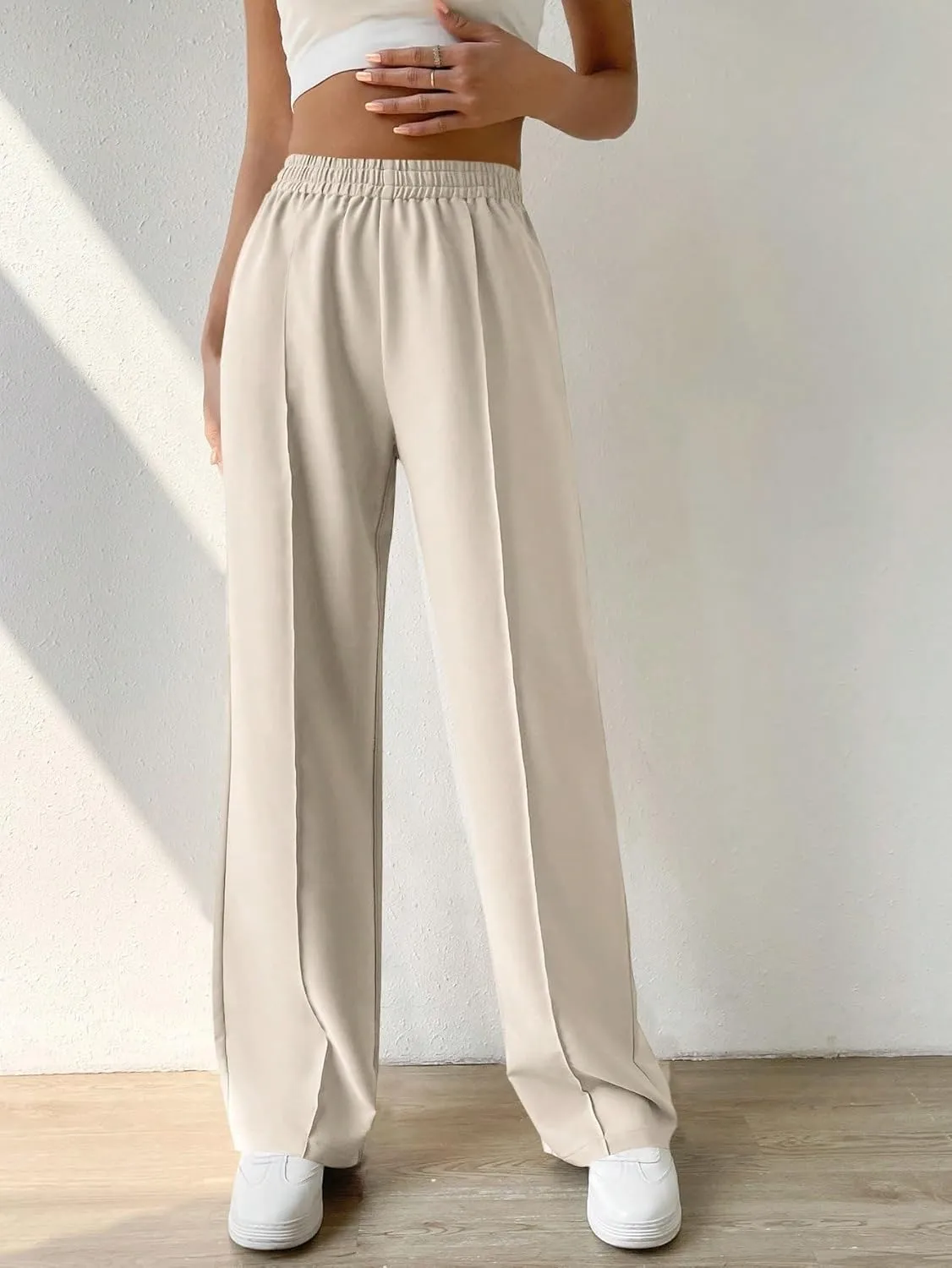 SECOLI Women's Straight Wide Leg Trousers Pants Apricot Casual Solid Elastic Waist Pants