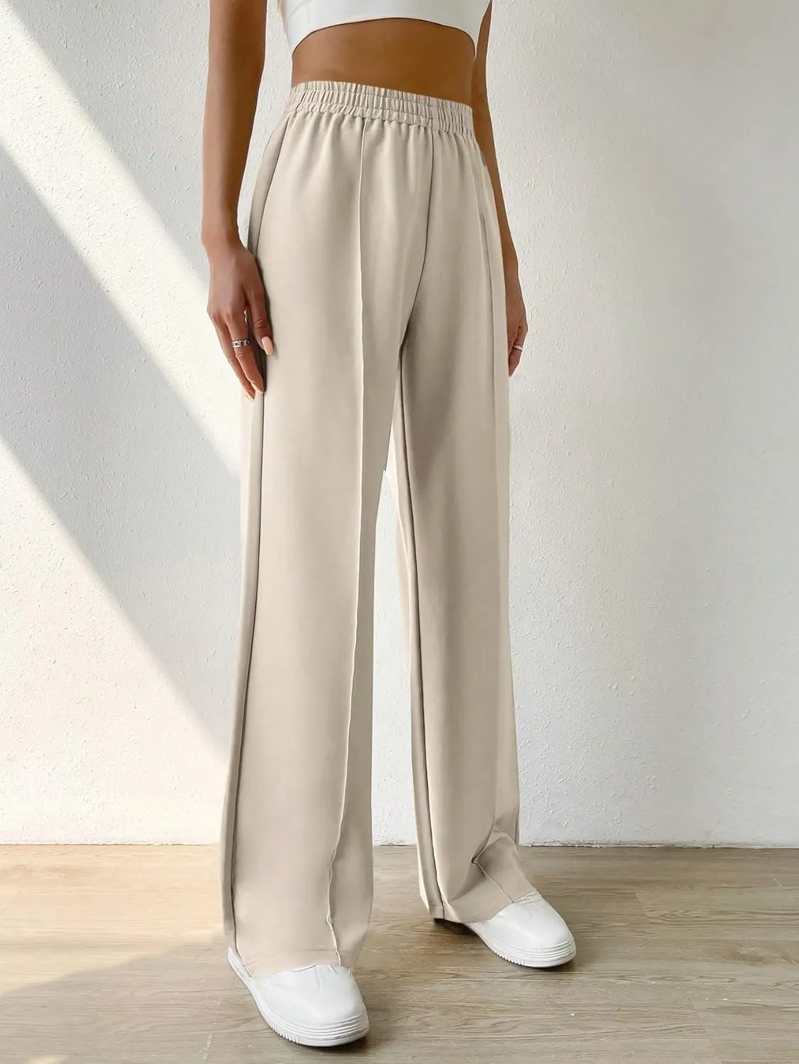 SECOLI Women's Straight Wide Leg Trousers Pants Apricot Casual Solid Elastic Waist Pants
