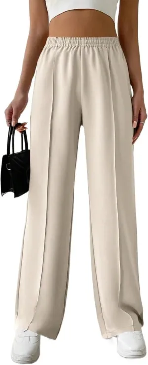 SECOLI Women's Straight Wide Leg Trousers Pants Apricot Casual Solid Elastic Waist Pants