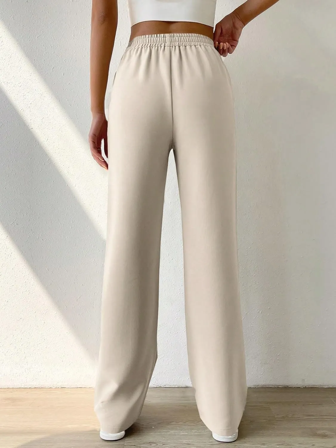 SECOLI Women's Straight Wide Leg Trousers Pants Apricot Casual Solid Elastic Waist Pants