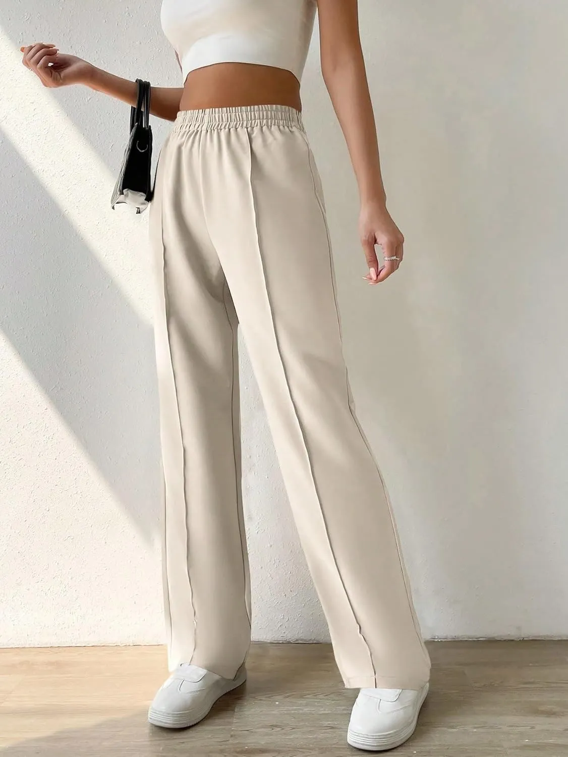 SECOLI Women's Straight Wide Leg Trousers Pants Apricot Casual Solid Elastic Waist Pants
