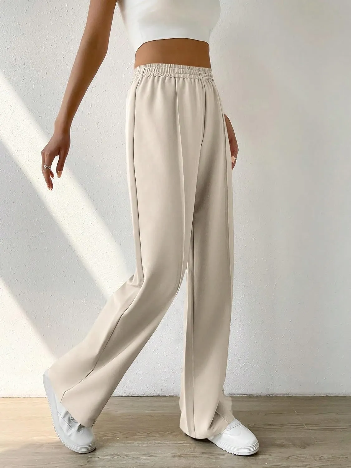 SECOLI Women's Straight Wide Leg Trousers Pants Apricot Casual Solid Elastic Waist Pants