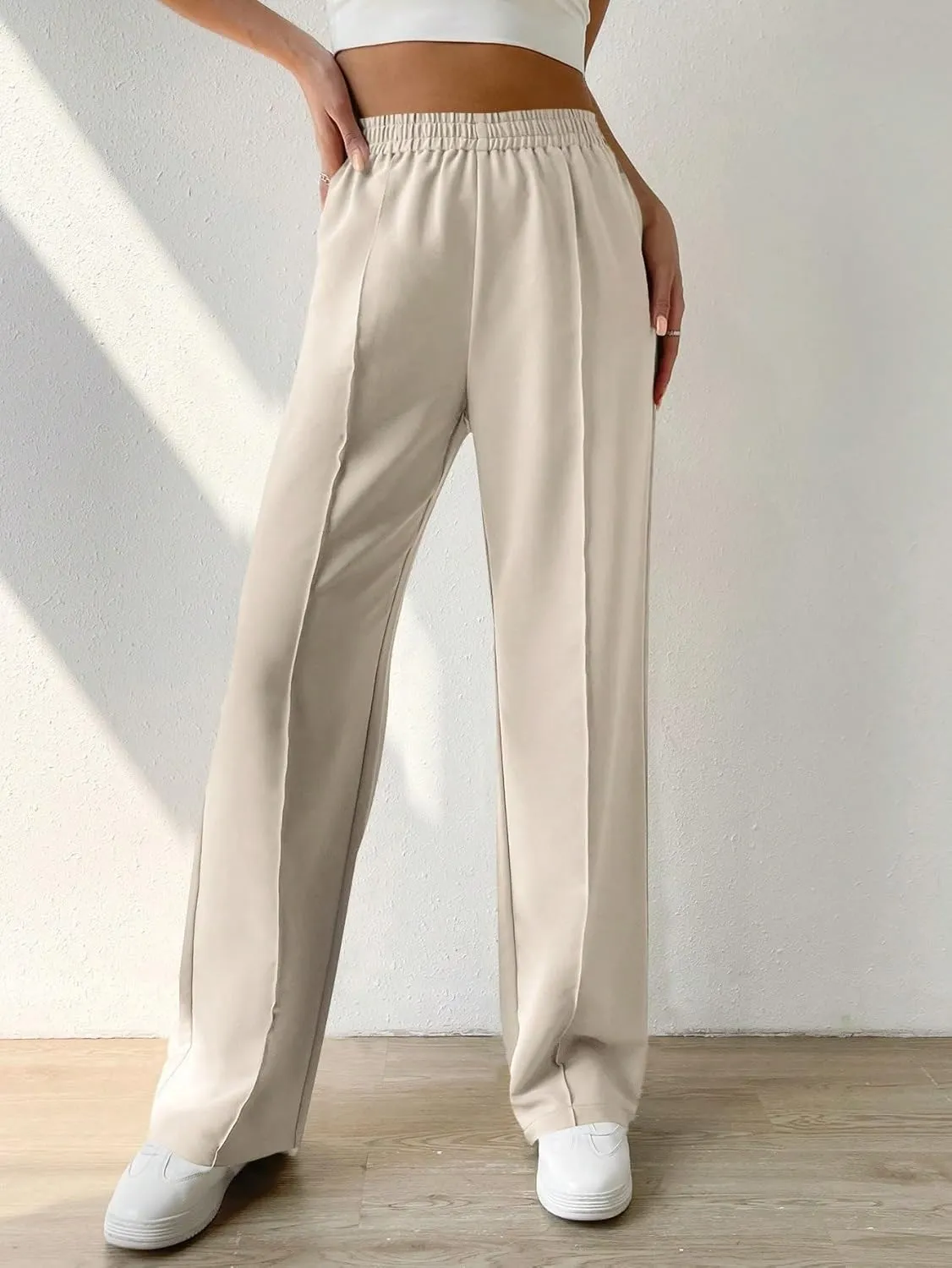 SECOLI Women's Straight Wide Leg Trousers Pants Apricot Casual Solid Elastic Waist Pants