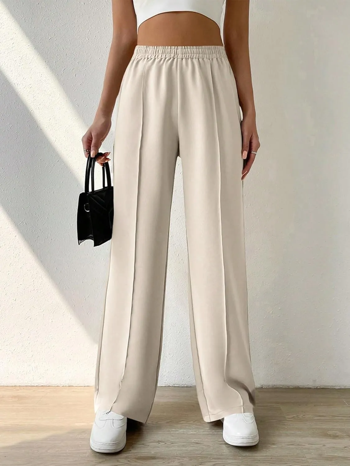 SECOLI Women's Straight Wide Leg Trousers Pants Apricot Casual Solid Elastic Waist Pants