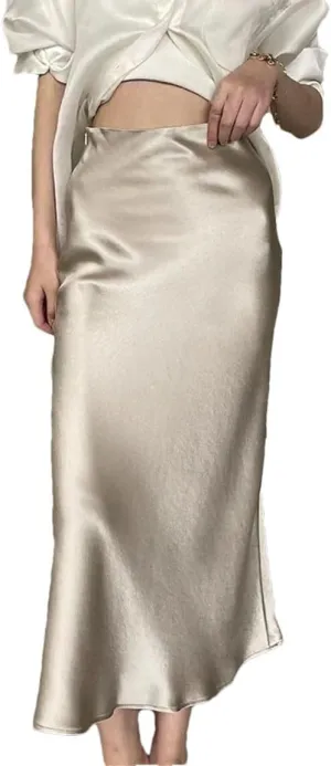 Silk Satin Skirts for Women Business Office High Waist A-Line Skirt Elegant Solid Long Pencil Skirts