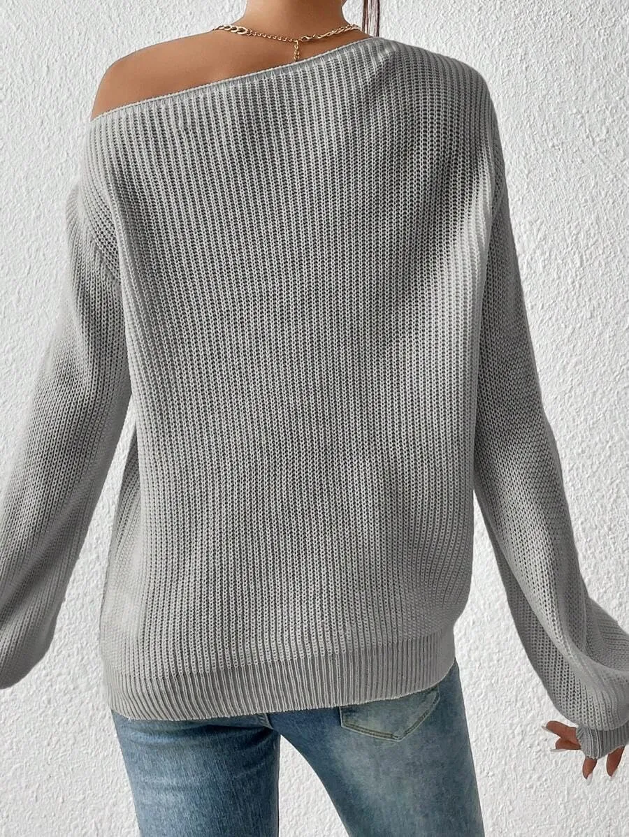 SKAYS Womens Off The Shoulder Sweater Asymmetrical Neck Fall Ribbed Knit Long Sleeve Pullover Sweaters for Women