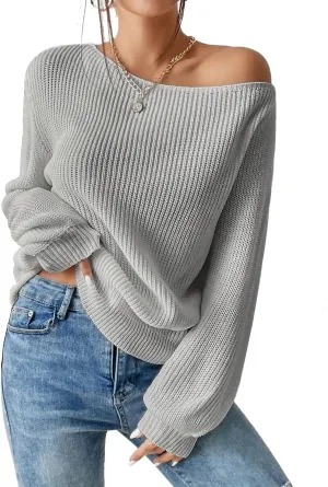 SKAYS Womens Off The Shoulder Sweater Asymmetrical Neck Fall Ribbed Knit Long Sleeve Pullover Sweaters for Women