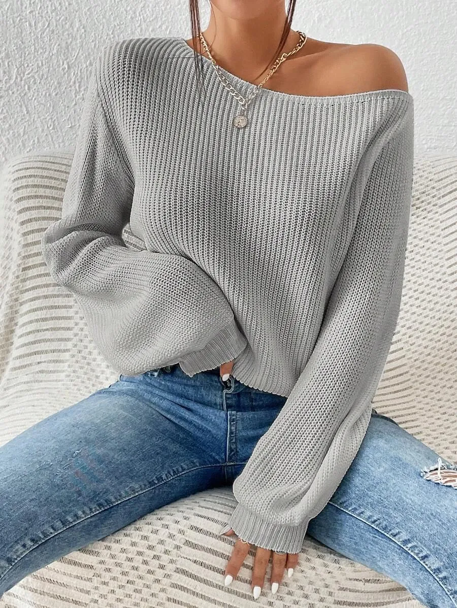 SKAYS Womens Off The Shoulder Sweater Asymmetrical Neck Fall Ribbed Knit Long Sleeve Pullover Sweaters for Women