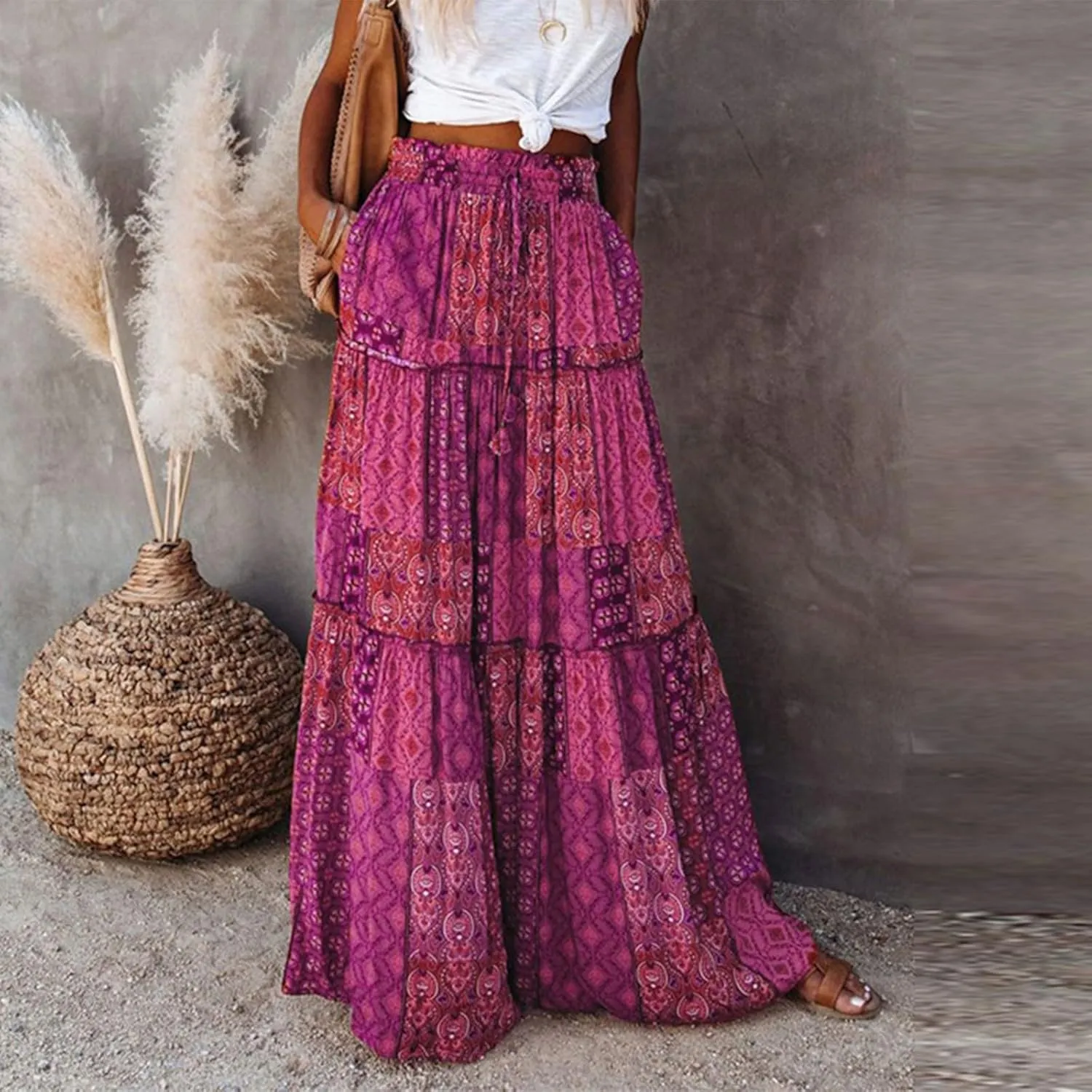 Skirts for Women,Ruffle Hem Bohemian Flowy Maxi Skirts Trendy 2025 Summer Vacation Elastic High Waisted Drawstring