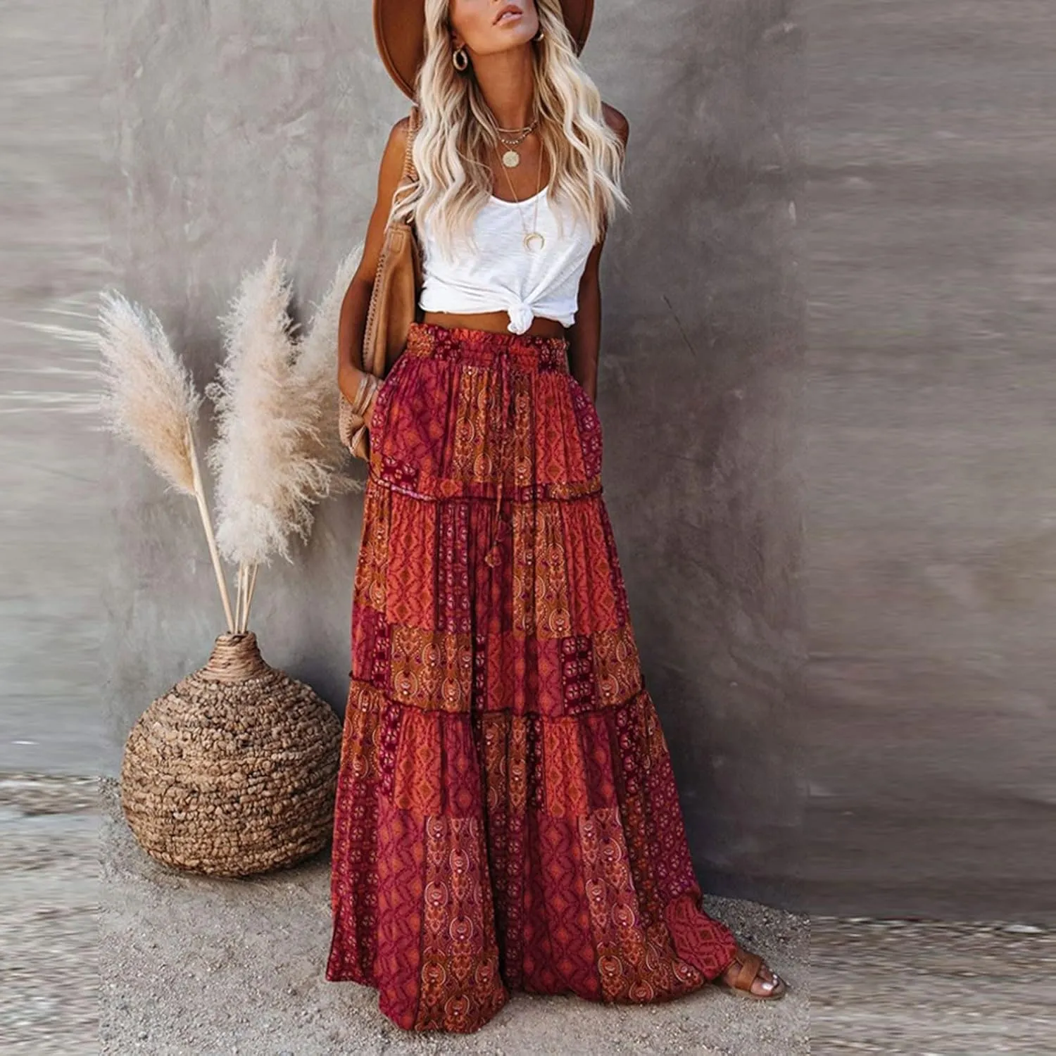 Skirts for Women,Ruffle Hem Bohemian Flowy Maxi Skirts Trendy 2025 Summer Vacation Elastic High Waisted Drawstring