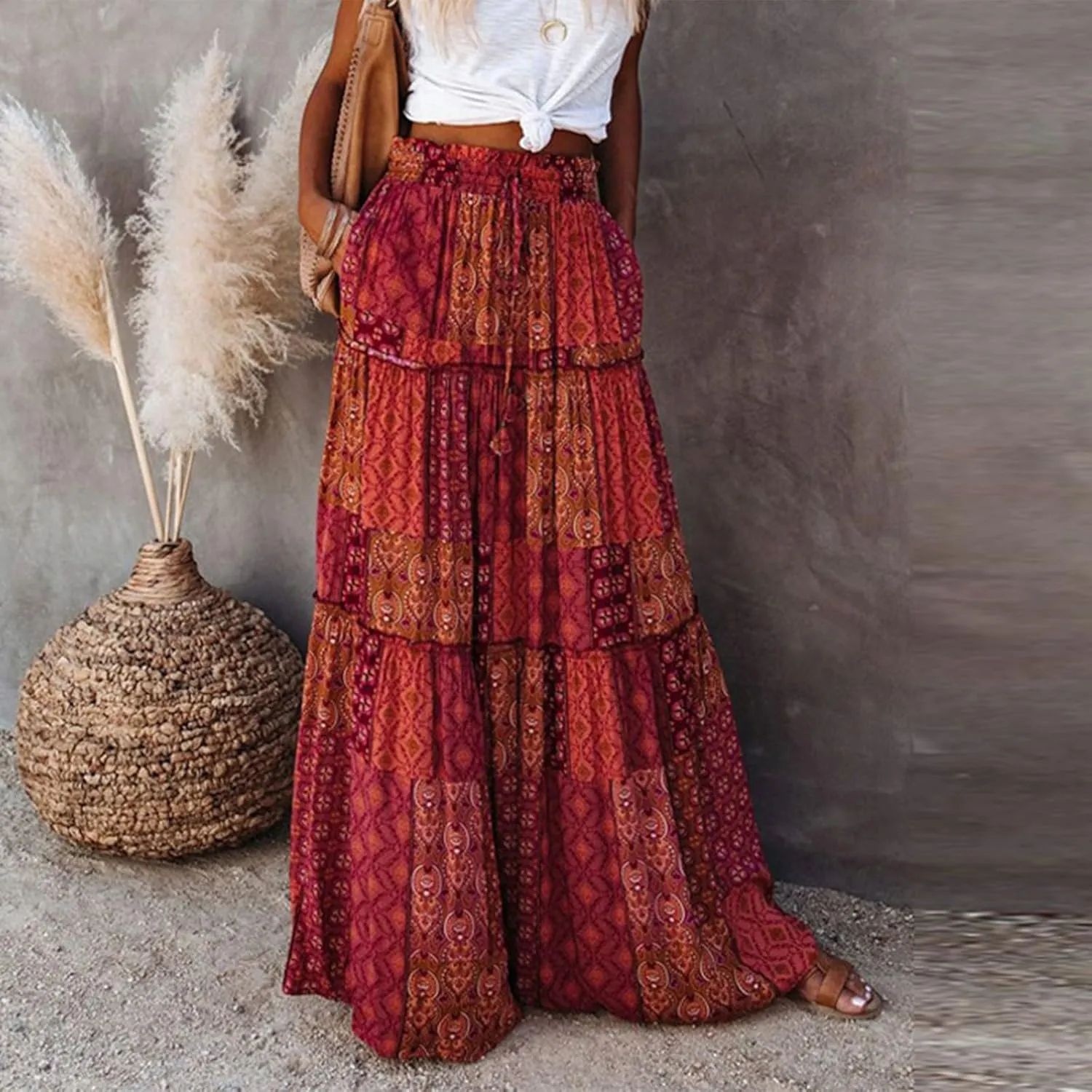 Skirts for Women,Ruffle Hem Bohemian Flowy Maxi Skirts Trendy 2025 Summer Vacation Elastic High Waisted Drawstring