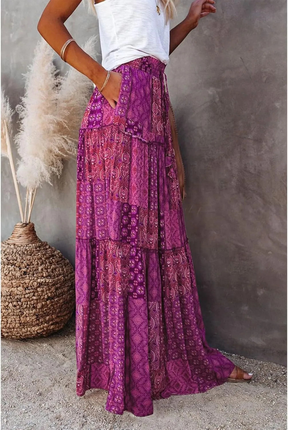 Skirts for Women,Ruffle Hem Bohemian Flowy Maxi Skirts Trendy 2025 Summer Vacation Elastic High Waisted Drawstring