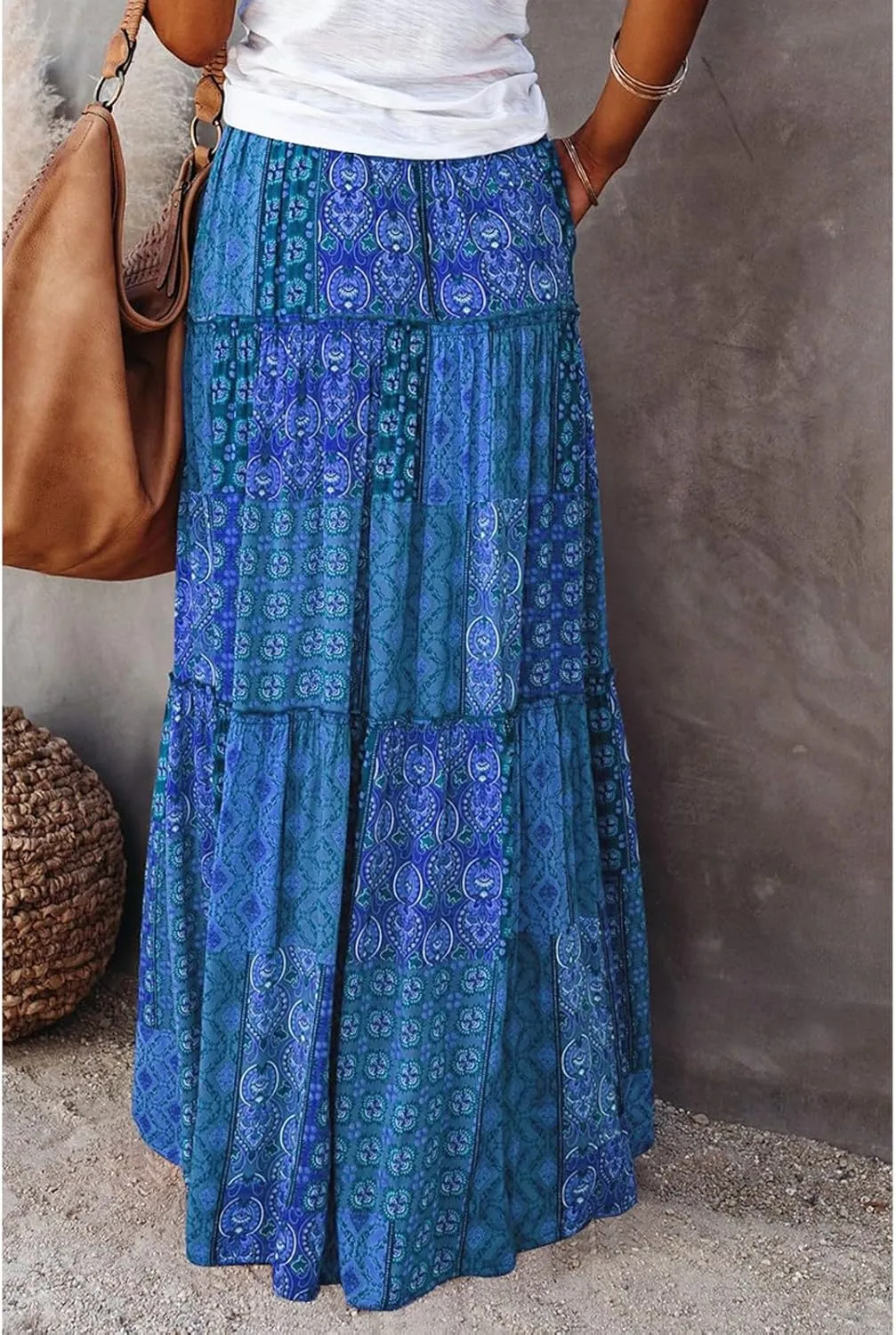 Skirts for Women,Ruffle Hem Bohemian Flowy Maxi Skirts Trendy 2025 Summer Vacation Elastic High Waisted Drawstring