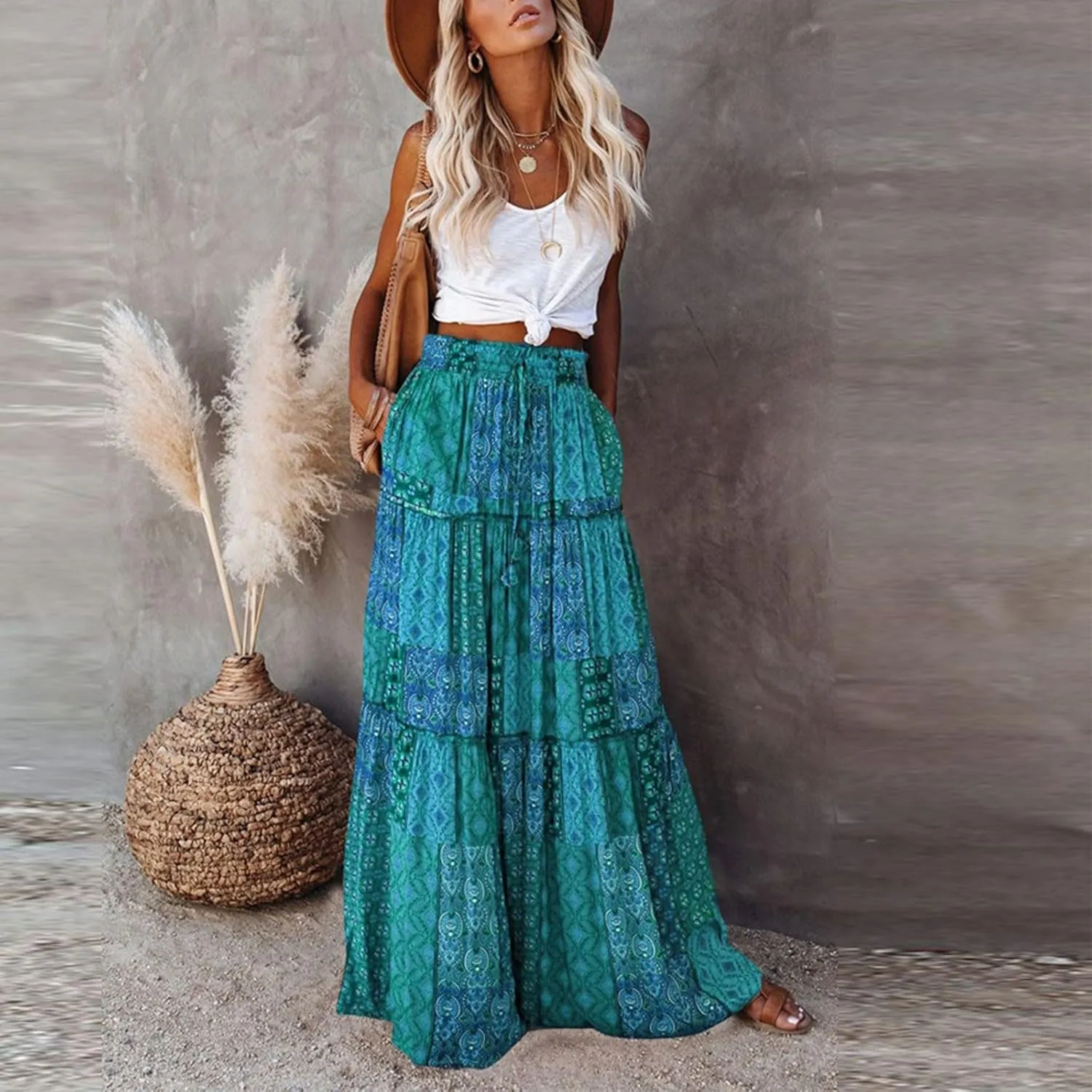 Skirts for Women,Ruffle Hem Bohemian Flowy Maxi Skirts Trendy 2025 Summer Vacation Elastic High Waisted Drawstring