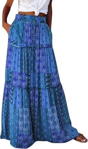 Skirts for Women,Ruffle Hem Bohemian Flowy Maxi Skirts Trendy 2025 Summer Vacation Elastic High Waisted Drawstring
