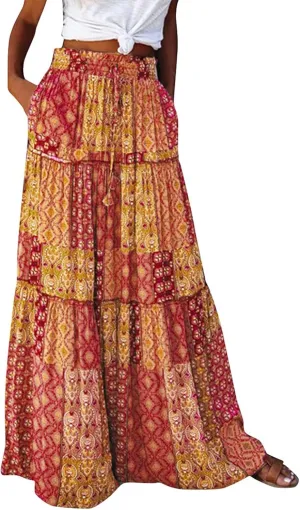 Skirts for Women,Ruffle Hem Bohemian Flowy Maxi Skirts Trendy 2025 Summer Vacation Elastic High Waisted Drawstring