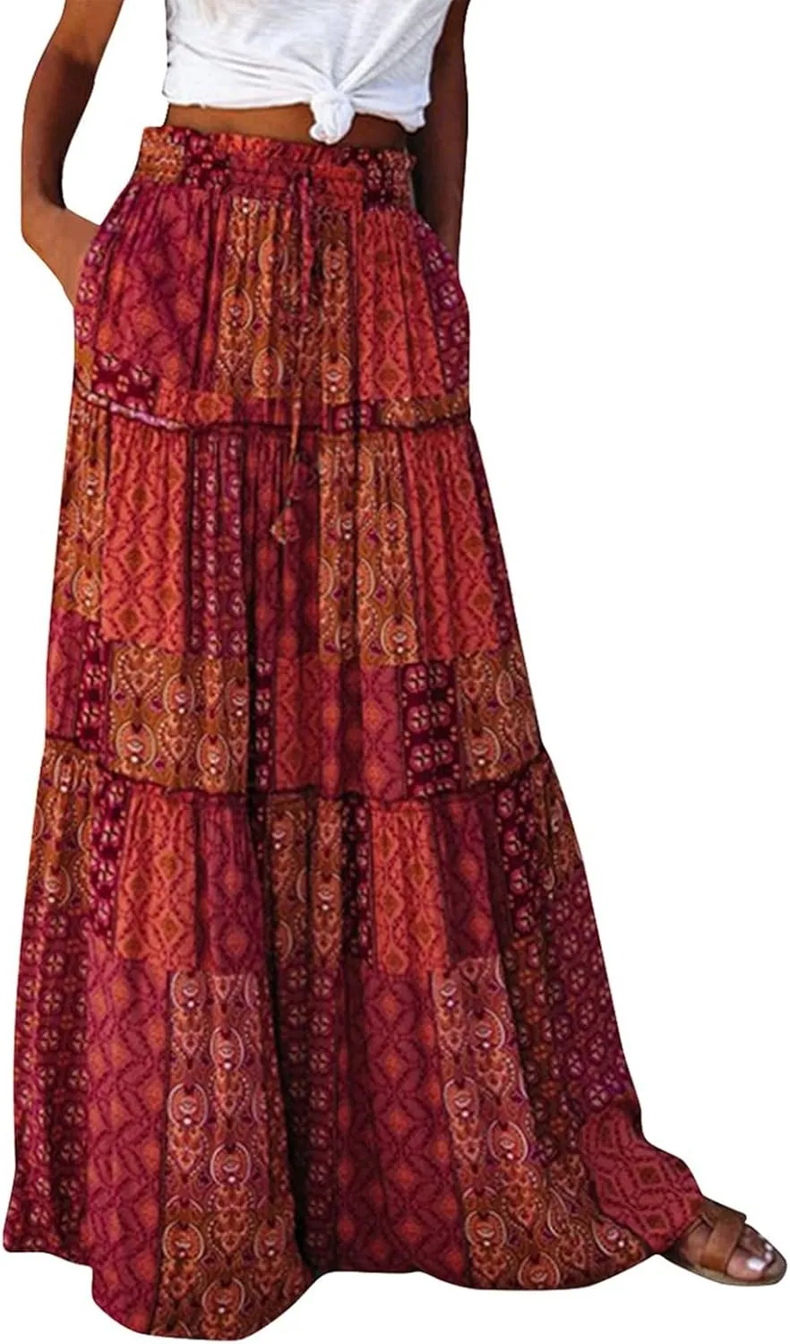 Skirts for Women,Ruffle Hem Bohemian Flowy Maxi Skirts Trendy 2025 Summer Vacation Elastic High Waisted Drawstring