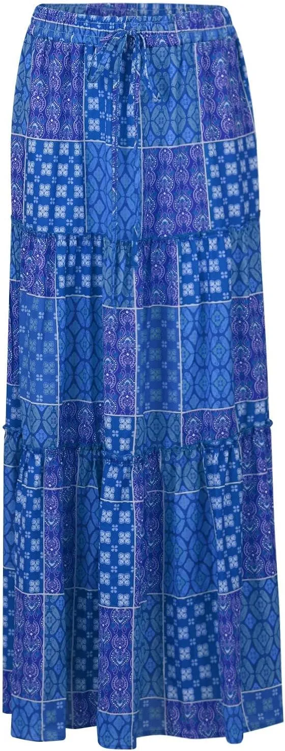 Skirts for Women,Ruffle Hem Bohemian Flowy Maxi Skirts Trendy 2025 Summer Vacation Elastic High Waisted Drawstring