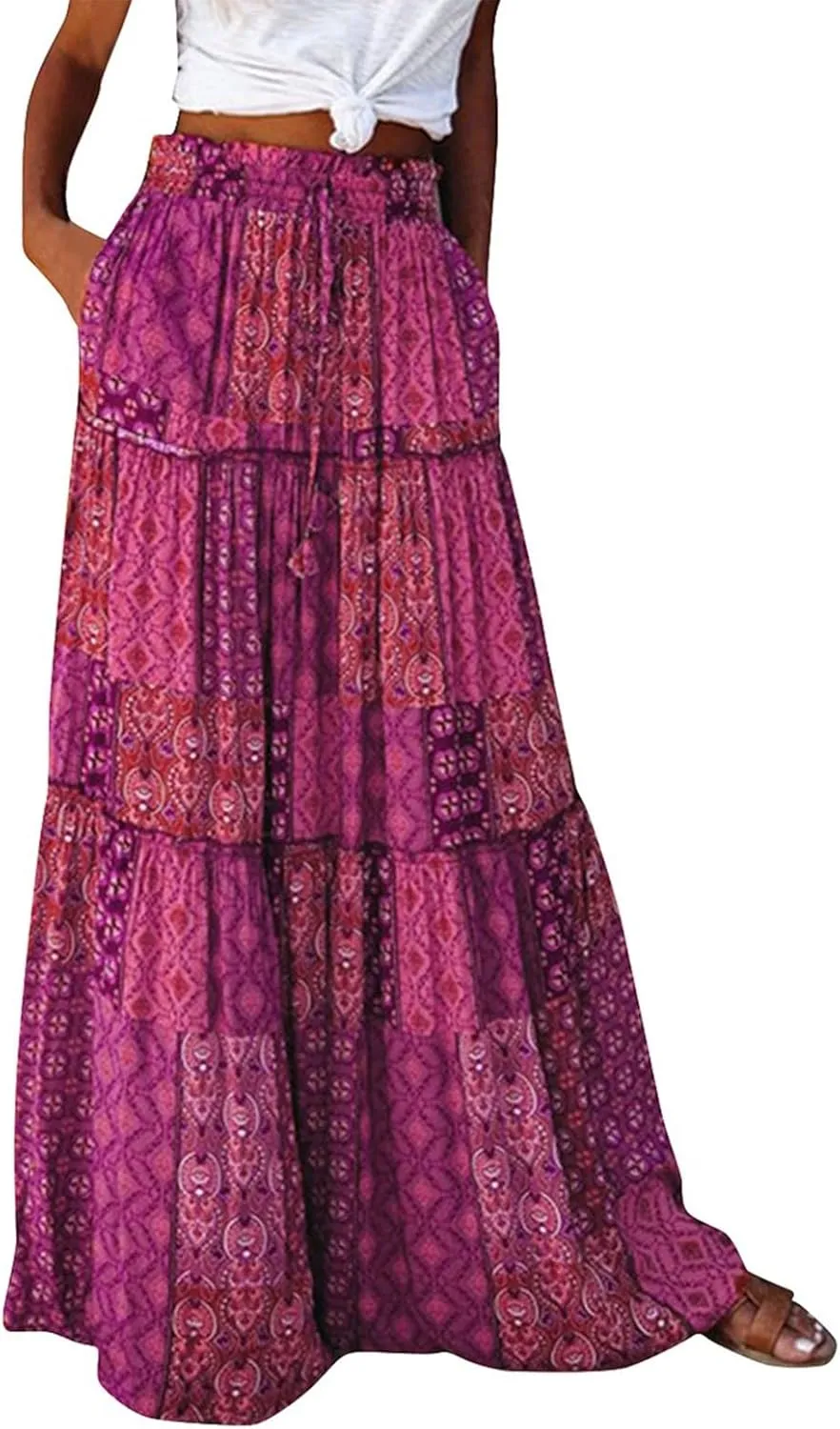 Skirts for Women,Ruffle Hem Bohemian Flowy Maxi Skirts Trendy 2025 Summer Vacation Elastic High Waisted Drawstring