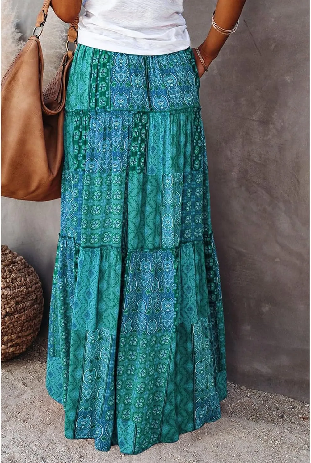 Skirts for Women,Ruffle Hem Bohemian Flowy Maxi Skirts Trendy 2025 Summer Vacation Elastic High Waisted Drawstring