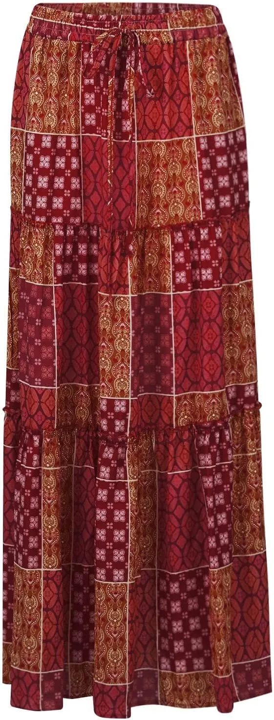 Skirts for Women,Ruffle Hem Bohemian Flowy Maxi Skirts Trendy 2025 Summer Vacation Elastic High Waisted Drawstring