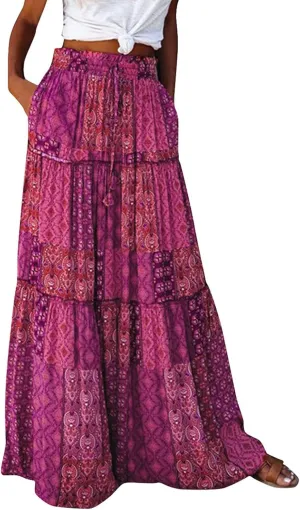 Skirts for Women,Ruffle Hem Bohemian Flowy Maxi Skirts Trendy 2025 Summer Vacation Elastic High Waisted Drawstring