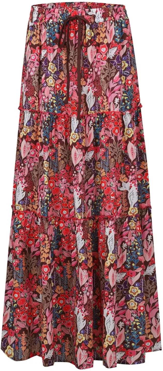 Skirts for Women,Ruffle Hem Bohemian Flowy Maxi Skirts Trendy 2025 Summer Vacation Elastic High Waisted Drawstring