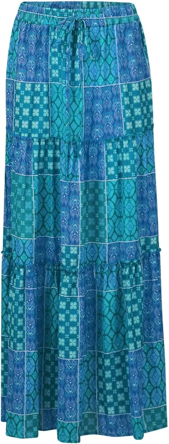 Skirts for Women,Ruffle Hem Bohemian Flowy Maxi Skirts Trendy 2025 Summer Vacation Elastic High Waisted Drawstring