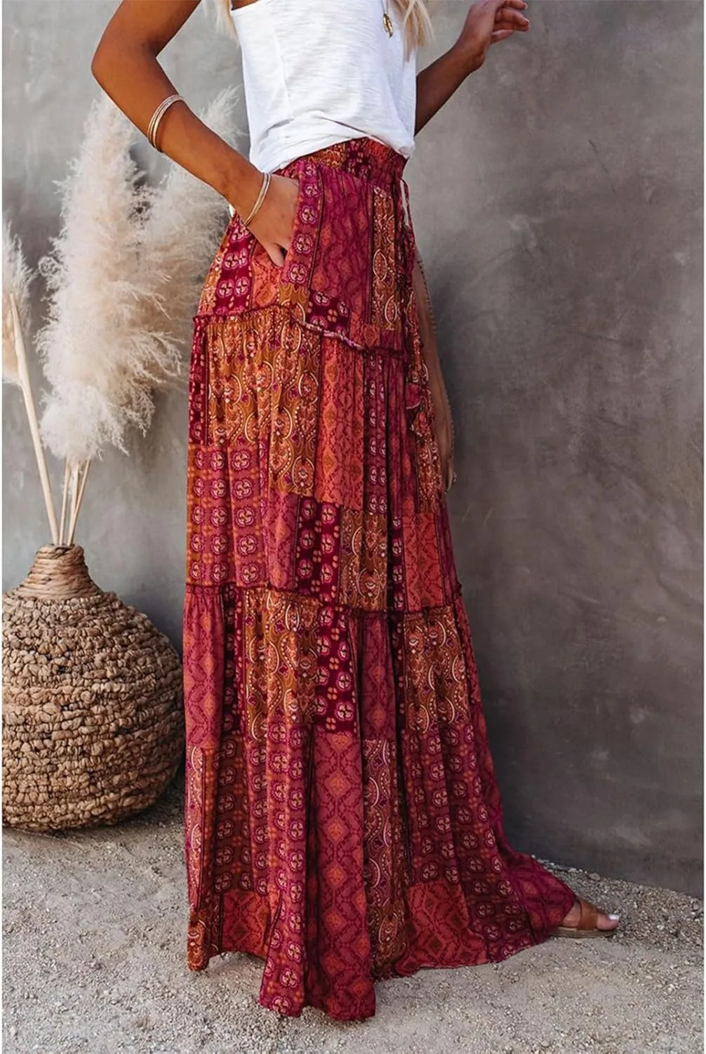 Skirts for Women,Ruffle Hem Bohemian Flowy Maxi Skirts Trendy 2025 Summer Vacation Elastic High Waisted Drawstring