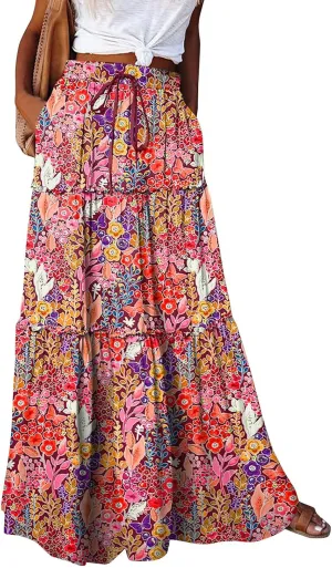 Skirts for Women,Ruffle Hem Bohemian Flowy Maxi Skirts Trendy 2025 Summer Vacation Elastic High Waisted Drawstring