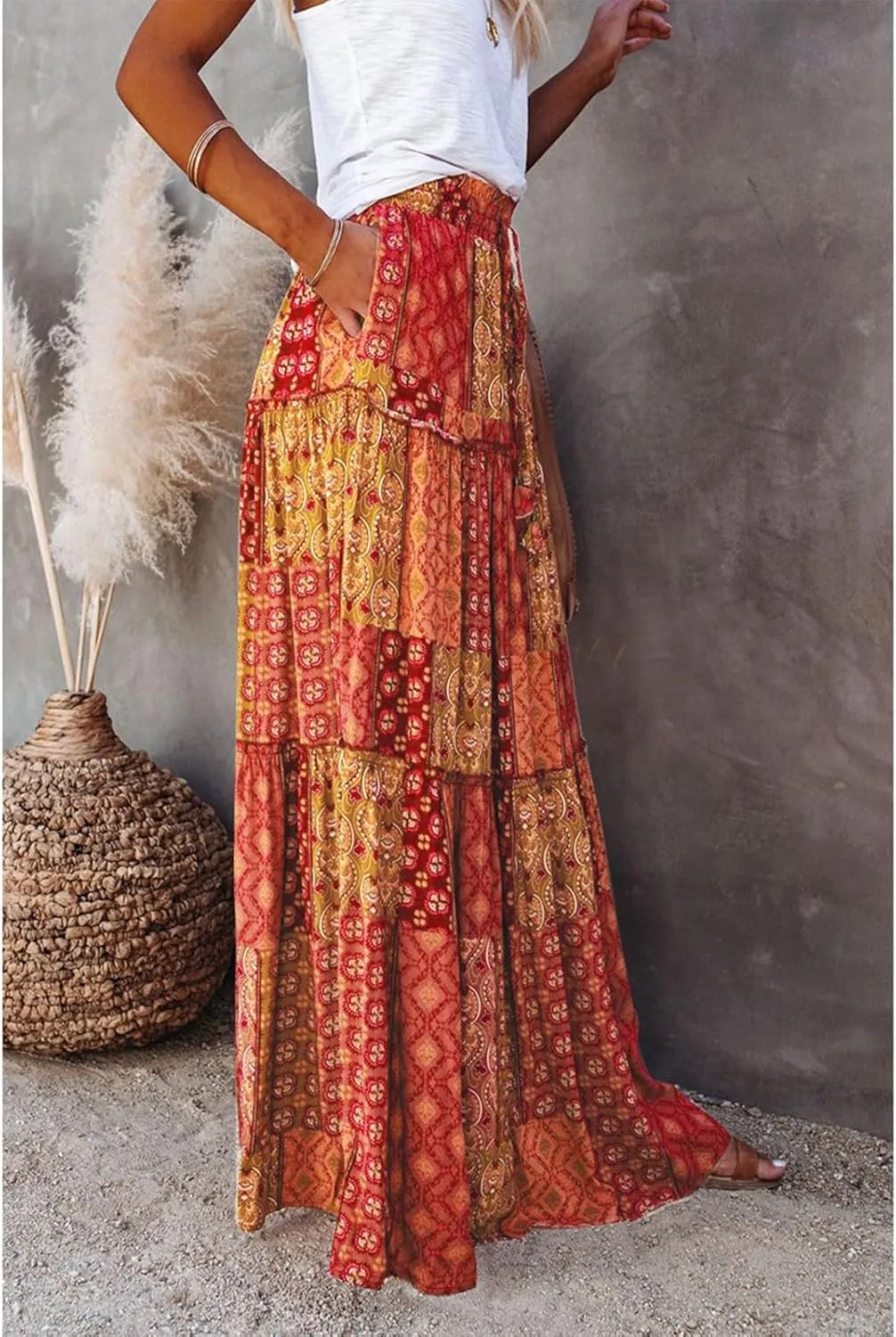 Skirts for Women,Ruffle Hem Bohemian Flowy Maxi Skirts Trendy 2025 Summer Vacation Elastic High Waisted Drawstring