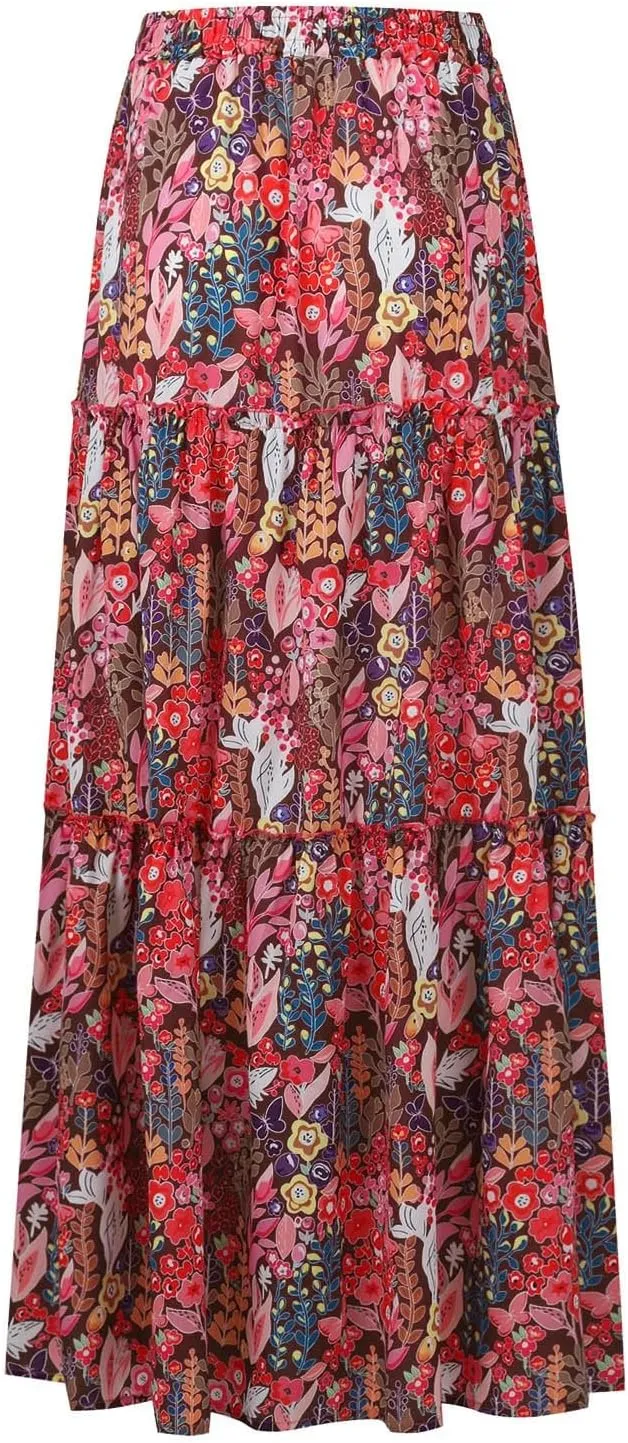 Skirts for Women,Ruffle Hem Bohemian Flowy Maxi Skirts Trendy 2025 Summer Vacation Elastic High Waisted Drawstring