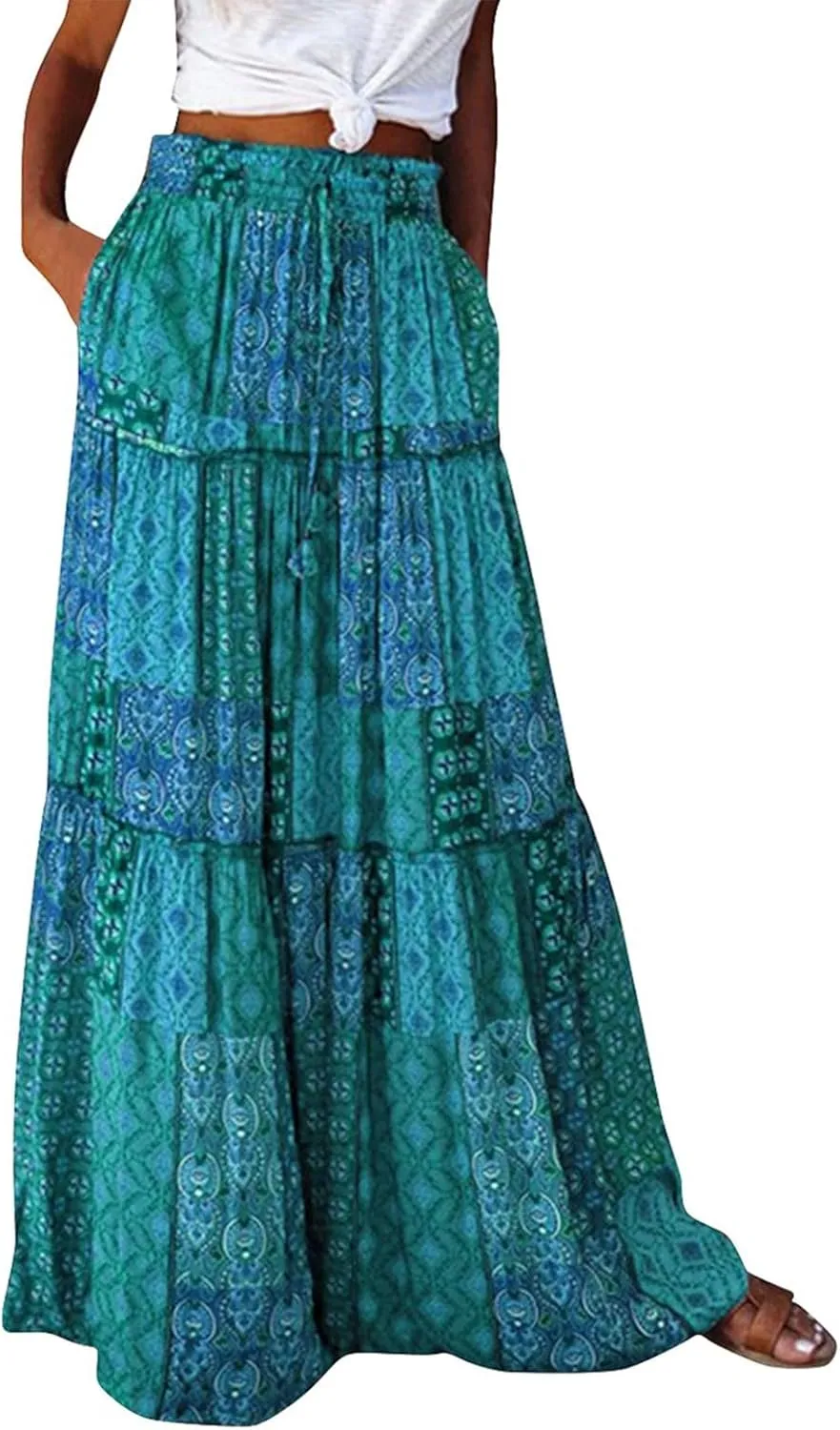 Skirts for Women,Ruffle Hem Bohemian Flowy Maxi Skirts Trendy 2025 Summer Vacation Elastic High Waisted Drawstring