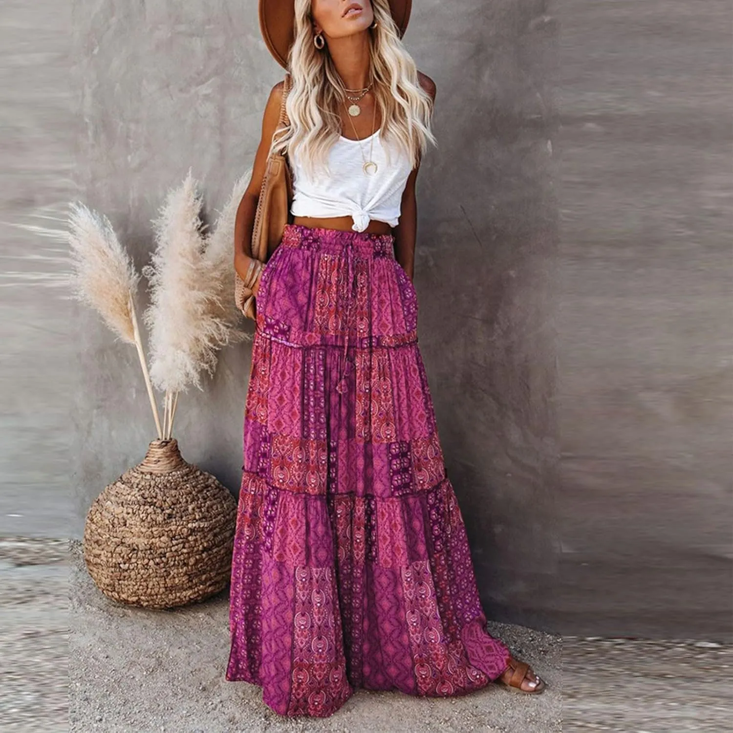Skirts for Women,Ruffle Hem Bohemian Flowy Maxi Skirts Trendy 2025 Summer Vacation Elastic High Waisted Drawstring