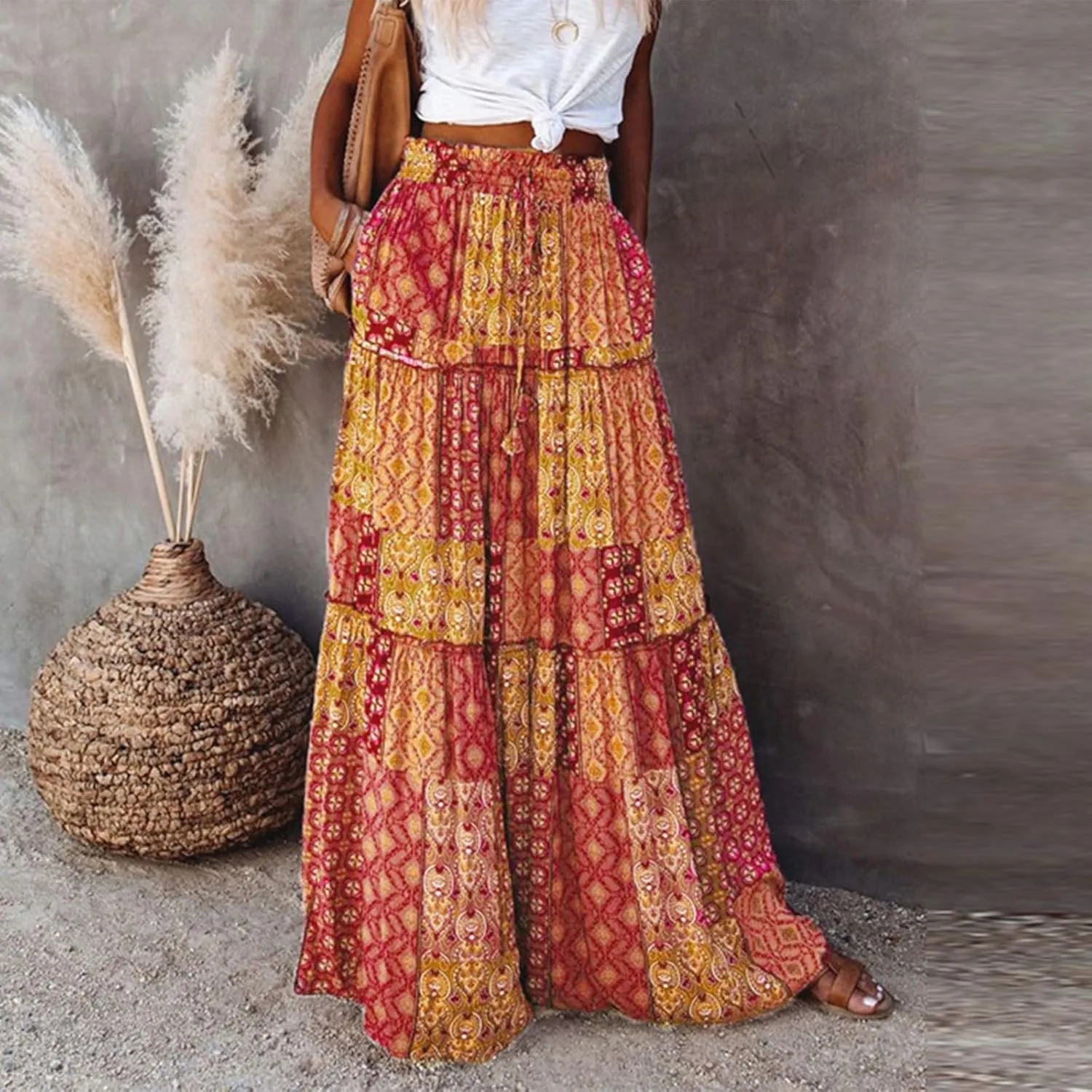 Skirts for Women,Ruffle Hem Bohemian Flowy Maxi Skirts Trendy 2025 Summer Vacation Elastic High Waisted Drawstring